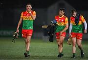9 January 2024; Jake Doyle of Carlow, left, leaves the field dejected after his side's defeat in the Dioralyte Walsh Cup Round 2 match between Carlow and Kilkenny at Netwatch Cullen Park in Carlow. Photo by Sam Barnes/Sportsfile