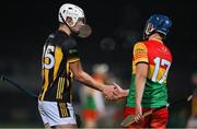 9 January 2024; Ted Dunne of Kilkenny and Diego Dunne of Carlow shake hands after the Dioralyte Walsh Cup Round 2 match between Carlow and Kilkenny at Netwatch Cullen Park in Carlow. Photo by Sam Barnes/Sportsfile