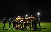 9 January 2024; The DCU team huddle during the Electric Ireland Higher Education GAA Sigerson Cup Round 1 match between Queens University Belfast and DCU at The Dub at Queen’s Sport in Belfast. Photo by Ramsey Cardy/Sportsfile