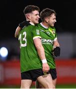 9 January 2024; Luke Donnelly, left, and Padraig Purcell of Queens after the Electric Ireland Higher Education GAA Sigerson Cup Round 1 match between Queens University Belfast and DCU at The Dub at Queen’s Sport in Belfast. Photo by Ramsey Cardy/Sportsfile
