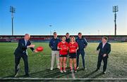 10 January 2024; Virgin Media has announced a new partnership with Munster Rugby, which will see the province’s Cork home, Musgrave Park, renamed as ‘Virgin Media Park’. Pictured at the announcement are, from left, Virgin Media Ireland chief executive Tony Hanway, Alex Kendellen, Kate Flannery, Niall Scannell, Abbie Salter-Townshend, Stephen Archer and Munster Rugby chief executive Ian Flanagan. Photo by Brendan Moran/Sportsfile