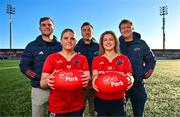 10 January 2024; Virgin Media has announced a new partnership with Munster Rugby, which will see the province’s Cork home, Musgrave Park, renamed as ‘Virgin Media Park’. Pictured at the announcement are, from left, Munster players Alex Kendellen, Kate Flannery, Niall Scannell, Abbie Salter-Townshend and Stephen Archer. Photo by Brendan Moran/Sportsfile