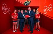 10 January 2024; Virgin Media has announced a new partnership with Munster Rugby, which will see the province’s Cork home, Musgrave Park, renamed as ‘Virgin Media Park’. Pictured at the announcement are, from left, Kate Flannery, Alex Kendellen, Munster Rugby chief executive Ian Flanagan, Niall Scannell, Virgin Media Ireland chief executive Tony Hanway, Stephen Archer and Abbie Salter-Townshend. Photo by Brendan Moran/Sportsfile