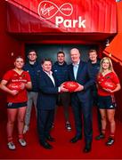 10 January 2024; Virgin Media has announced a new partnership with Munster Rugby, which will see the province’s Cork home, Musgrave Park, renamed as ‘Virgin Media Park’. Pictured at the announcement are, from left, Kate Flannery, Alex Kendellen, Munster Rugby chief executive Ian Flanagan, Niall Scannell, Virgin Media Ireland chief executive Tony Hanway, Stephen Archer and Abbie Salter-Townshend. Photo by Brendan Moran/Sportsfile