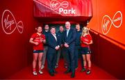 10 January 2024; Virgin Media has announced a new partnership with Munster Rugby, which will see the province’s Cork home, Musgrave Park, renamed as ‘Virgin Media Park’. Pictured at the announcement are, from left, Kate Flannery, Alex Kendellen, Munster Rugby chief executive Ian Flanagan, Niall Scannell, Virgin Media Ireland chief executive Tony Hanway, Stephen Archer and Abbie Salter-Townshend. Photo by Brendan Moran/Sportsfile