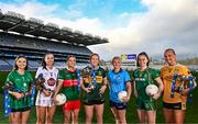 10 January 2024; In attendance at the launch of the 2024 Lidl Ladies National Football Leagues are, from left, Lauren Ryan of Limerick, Grace Clifford of Kildare, Saoirse Lally of Mayo, Síofra O’Shea of Kerry, Carla Rowe of Dublin, Emma Duggan of Meath and Ciara Brown of Antrim at Croke Park in Dublin. Photo by Sam Barnes/Sportsfile