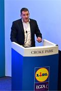 10 January 2024; CEO Lidl Ireland and Lidl Northern Ireland J.P. Scally speaking at the launch of the 2024 Lidl Ladies National Football Leagues at Croke Park in Dublin. Photo by Tyler Miller/Sportsfile