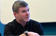 10 January 2024; Former Ireland rugby international Gordon D'Arcy speaking at the launch of the 2024 Lidl Ladies National Football Leagues at Croke Park in Dublin. Photo by Tyler Miller/Sportsfile