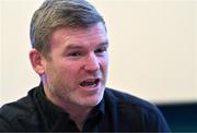 10 January 2024; Former Ireland rugby international Gordon D'Arcy speaking at the launch of the 2024 Lidl Ladies National Football Leagues at Croke Park in Dublin. Photo by Tyler Miller/Sportsfile