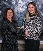 11 January 2024; Lynsey Noone from Galway club Kilkerrin-Clonberne is presented with The Croke Park/LGFA Player of the Month award for December 2023 by Edele O’Reilly, Director of Sales and Marketing, The Croke Park, at The Croke Park in Jones Road, Dublin. Lynsey produced a Player of the Match performance, scoring four points, at Croke Park on Saturday December 16 as Kilkerrin-Clonberne captured a third successive currentaccount.ie All-Ireland Ladies Senior Club Championship football title. Photo by Tyler Miller/Sportsfile