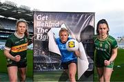 10 January 2024; Kerry captain Síofra O'Shea, left, Dublin captain Carla Rowe, centre, and Meath footballer Emma Duggan, right, joined Lidl Ireland to launch a campaign to ‘Get Behind the Fight ’ as the 2024 Lidl National Football League kicks off this weekend. Photo by Sam Barnes/Sportsfile