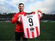 10 January 2024; Derry City new signing Patrick Hoban poses for a portrait at The Ryan McBride Brandywell Stadium in Derry. Photo by Stephen McCarthy/Sportsfile