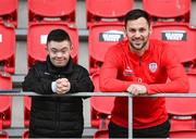 10 January 2024; Derry City new signing Patrick Hoban stands for a photograph with Adam Morrison at The Ryan McBride Brandywell Stadium in Derry. Photo by Stephen McCarthy/Sportsfile
