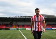 10 January 2024; Derry City new signing Patrick Hoban records a cutaway piece for BBC television at The Ryan McBride Brandywell Stadium in Derry. Photo by Stephen McCarthy/Sportsfile