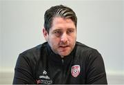 10 January 2024; Derry City manager Ruaidhrí Higgins during a press conference to unveil new signing Patrick Hoban at The Ryan McBride Brandywell Stadium in Derry. Photo by Stephen McCarthy/Sportsfile
