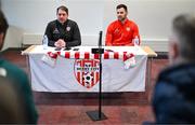 10 January 2024; Derry City new signing Patrick Hoban and manager Ruaidhrí Higgins during a press conference at The Ryan McBride Brandywell Stadium in Derry. Photo by Stephen McCarthy/Sportsfile