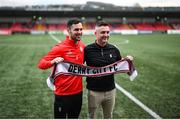 10 January 2024; Derry City new signing Patrick Hoban poses for a photograph with his agent Liam Carroll at The Ryan McBride Brandywell Stadium in Derry. Photo by Stephen McCarthy/Sportsfile