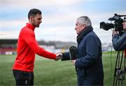 10 January 2024; Derry City new signing Patrick Hoban with Keiron Tourish of BBC Northern Ireland during a press conference at The Ryan McBride Brandywell Stadium in Derry. Photo by Stephen McCarthy/Sportsfile