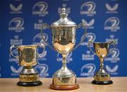 10 January 2024; A general view of the cups during the Bank of Ireland Leinster Rugby Clubs, Youth and Girls Draw 2024 at Leinster HQ in Dublin. Photo by Harry Murphy/Sportsfile