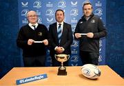 10 January 2024; Daire Donoghue draws Cill Dara RFC and Seamus Mac Samhradain draws Coolmine RFC alongside chairperson Brian Hogan in the Boys Under 16 Schools Youth draw during the Bank of Ireland Leinster Rugby Clubs, Youth and Girls Draw 2024 at Leinster HQ in Dublin. Photo by Harry Murphy/Sportsfile