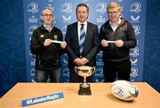 10 January 2024; Gary Brickell draws Ardee, Boyne, or Carlingford and Aidan Wayfer draws Longford RFC alongside chairperson Brian Hogan in the Under 18 Girls draw during the Bank of Ireland Leinster Rugby Clubs, Youth and Girls Draw 2024 at Leinster HQ in Dublin. Photo by Harry Murphy/Sportsfile