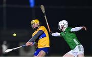 10 January 2024; Mark Rodgers of Clare in action against Fergal O'Connor of Limerick during the Co-Op Superstores Munster Hurling League Group A match between Clare and Limerick at Clarecastle GAA astro pitch in Clare. Photo by Piaras Ó Mídheach/Sportsfile