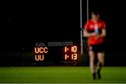 10 January 2024; A general view of the scoreboard after the Electric Ireland Higher Education GAA Sigerson Cup Round 1 match between Ulster University and UCC at the GAA National Games Development Centre in Abbotstown, Dublin. Photo by Stephen Marken/Sportsfile