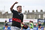 11 January 2024; The High School captain Sean Cleary celebrates after his side's victory in the Bank of Ireland Fr Godfrey Cup Round 1 match between The King's Hospital and The High School at Energia Park in Dublin. Photo by Seb Daly/Sportsfile