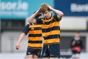 11 January 2024; Jeff Foley of The King’s Hospital reacts during the Bank of Ireland Fr Godfrey Cup Round 1 match between The King's Hospital and The High School at Energia Park in Dublin. Photo by Seb Daly/Sportsfile