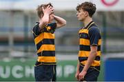 11 January 2024; The King's Hospital players Jeff Foley, left, and Lewis Keary after their side's defeat in the Bank of Ireland Fr Godfrey Cup Round 1 match between The King's Hospital and The High School at Energia Park in Dublin. Photo by Seb Daly/Sportsfile