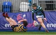 11 January 2024; Noah O'Neill of St Gerard's School scores his side's second try during the Bank of Ireland Fr Godfrey Cup Round 1 match between Skerries Community College and St Gerards School at Energia Park in Dublin. Photo by Seb Daly/Sportsfile