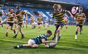 11 January 2024; Liam McGrath of St Gerard's School scores his side's fourth try during the Bank of Ireland Fr Godfrey Cup Round 1 match between Skerries Community College and St Gerards School at Energia Park in Dublin. Photo by Seb Daly/Sportsfile