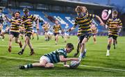 11 January 2024; Liam McGrath of St Gerard's School scores his side's fourth try during the Bank of Ireland Fr Godfrey Cup Round 1 match between Skerries Community College and St Gerards School at Energia Park in Dublin. Photo by Seb Daly/Sportsfile