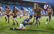 11 January 2024; Liam McGrath of St Gerard's School scores his side's fourth try during the Bank of Ireland Fr Godfrey Cup Round 1 match between Skerries Community College and St Gerards School at Energia Park in Dublin. Photo by Seb Daly/Sportsfile