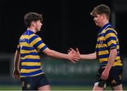 11 January 2024; Skerries Community College players Paul Ellis, left, and Joseph Kilbride after their side's defeat in the Bank of Ireland Fr Godfrey Cup Round 1 match between Skerries Community College and St Gerards School at Energia Park in Dublin. Photo by Seb Daly/Sportsfile