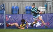 11 January 2024; Noah O'Neill of St Gerard's School on his way to scoring his side's second try during the Bank of Ireland Fr Godfrey Cup Round 1 match between Skerries Community College and St Gerards School at Energia Park in Dublin. Photo by Seb Daly/Sportsfile