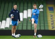 12 January 2024; Ciarán Frawley, right, and Sam Prendergast during a Leinster Rugby captain's run at the Aviva Stadium in Dublin. Photo by Harry Murphy/Sportsfile