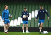 12 January 2024; Leinster players, from left, Ciarán Frawley, Charlie Tector and Sam Prendergast during a Leinster Rugby captain's run at the Aviva Stadium in Dublin. Photo by Harry Murphy/Sportsfile