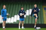 12 January 2024; Leinster players, from left, Ciarán Frawley, Charlie Tector and Sam Prendergast during a Leinster Rugby captain's run at the Aviva Stadium in Dublin. Photo by Harry Murphy/Sportsfile