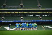 12 January 2024; Leinster players huddle during a Leinster Rugby captain's run at the Aviva Stadium in Dublin. Photo by Harry Murphy/Sportsfile