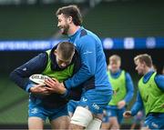 12 January 2024; Sam Prendergast is tackled by Caelan Doris during a Leinster Rugby captain's run at the Aviva Stadium in Dublin. Photo by Harry Murphy/Sportsfile