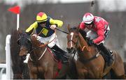 12 January 2024; Pats Choice, left, with Jack Kennedy up, on their way to winning the Race And Stay Handicap Steeplechase, alongside eventual third place Union Park, right, with James O'Sullivan up, at Naas Racecourse in Kildare. Photo by Seb Daly/Sportsfile