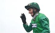 12 January 2024; Jockey Daryl Jacob celebrates after winning the Lawlor's Of Naas Novice Hurdle on Readin Tommy Wrong at Naas Racecourse in Kildare. Photo by Seb Daly/Sportsfile
