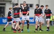 11 January 2024; Alexander Clarke Wallace of The High School celebrates with teammates after scoring their side's first try during the Bank of Ireland Fr Godfrey Cup Round 1 match between The King's Hospital and The High School at Energia Park in Dublin. Photo by Seb Daly/Sportsfile