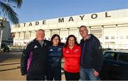 12 January 2024; Munster supporters, from left, Paul Kenny, Fiona Perryman, Karen and David Doyle from Cobh in Cork outside the Stade Felix Mayol before the Investec Champions Cup Pool 3 Round 3 match between RC Toulon and Munster at Stade Felix Mayol in Toulon, France. Photo by Eóin Noonan/Sportsfile