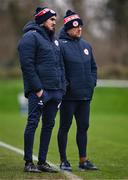 12 January 2024; Shelbourne manager Damien Duff, right, and Shelbourne coach Joey O'Brien during the pre-season friendly match between Shelbourne and Dundalk at AUL Complex in Clonsaugh, Dublin. Photo by Ben McShane/Sportsfile