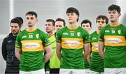 12 January 2024; Leitrim manager Andy Moran stands with his players for Amhrán na bhFiann before the Connacht FBD League semi-final match between Leitrim and Galway at University of Galway Connacht GAA AirDome in Bekan, Mayo. Photo by Piaras Ó Mídheach/Sportsfile