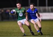 12 January 2024; Diarmuid McCabe of Meath in action against Daniel Reynolds of Longford during the O'Byrne Cup Semi-Final match between Meath and Longford at Donaghmore Ashbourne GAA Club in Ashbourne, Meath. Photo by Ramsey Cardy/Sportsfile