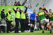 12 January 2024; Leitrim assistant manager Mickey Graham, right, with Leitrim manager Andy Moran react during the Connacht FBD League semi-final match between Leitrim and Galway at University of Galway Connacht GAA AirDome in Bekan, Mayo. Photo by Piaras Ó Mídheach/Sportsfile