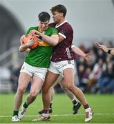 12 January 2024; Pearce Dolan of Leitrim in action against Jack O'Neill of Galway during the Connacht FBD League semi-final match between Leitrim and Galway at University of Galway Connacht GAA AirDome in Bekan, Mayo. Photo by Piaras Ó Mídheach/Sportsfile
